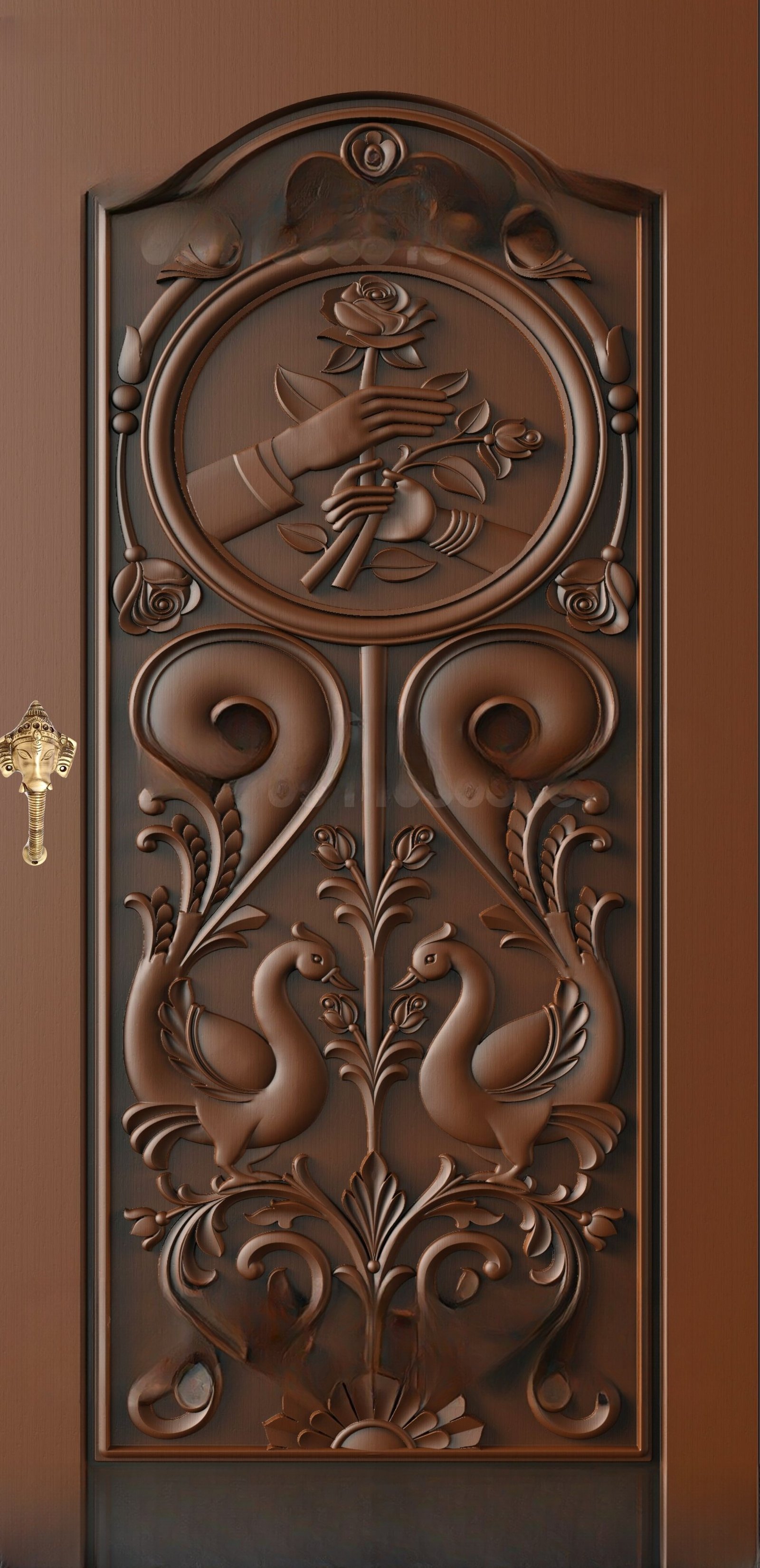 God Doors - GD-04 Elegant Rose and Swan Motif Decorative Entrance Door 3D Relief Model